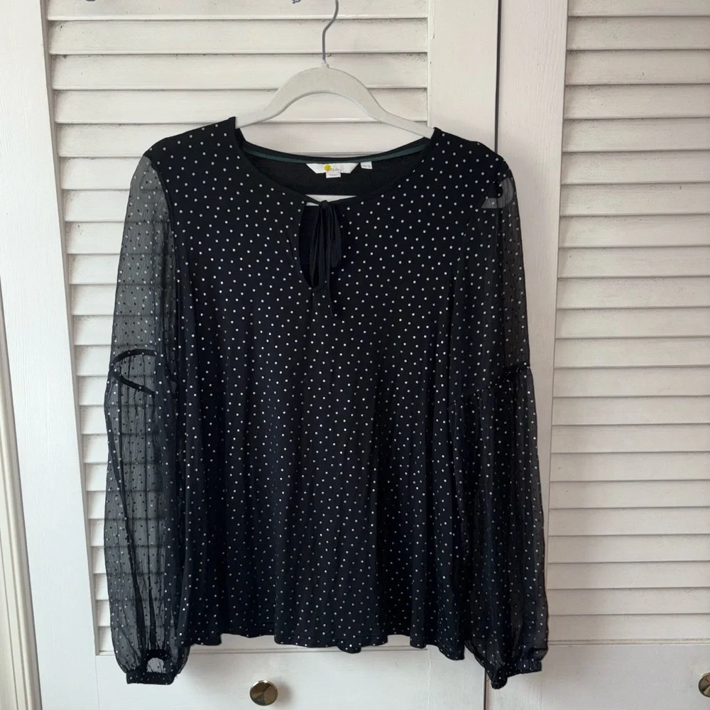 Boden Navy Foul Dot Polka Dot Blouse Sheer Sleeve Tie Neck Top Size 8 - Picture 3 of 6